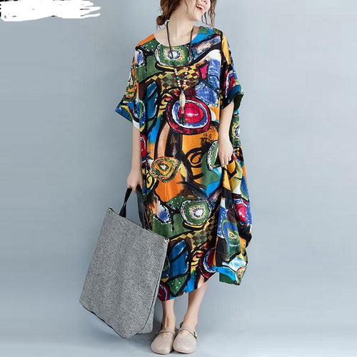 DIMANAF Women Dress Plus Size Summer Pattern Print Linen Colorful Female Loose