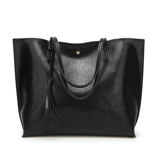 Top Handle Soft Leather Tassel Tote Handbag