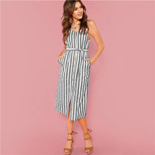 Load image into Gallery viewer, Spaghetti Strap Button Front Vertical Stripe Cami Dress