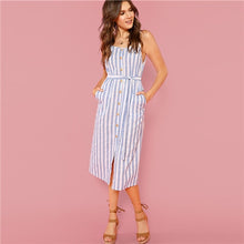 Load image into Gallery viewer, Spaghetti Strap Button Front Vertical Stripe Cami Dress