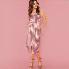 Load image into Gallery viewer, Spaghetti Strap Button Front Vertical Stripe Cami Dress