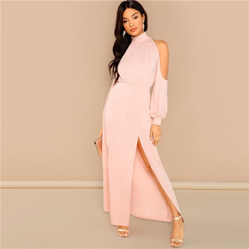 Solid Cold Shoulder Split Pink Maxi Dress