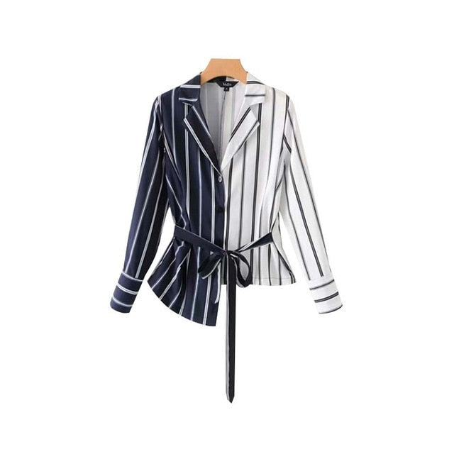 Striped Asymmetrical Patchwork Bow Tie Shirt