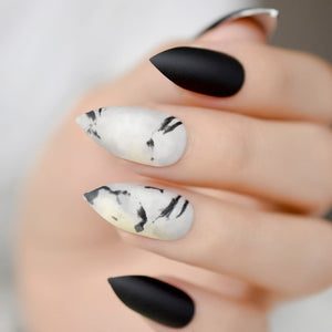 Marble Pointed Dark Shiny False Nails