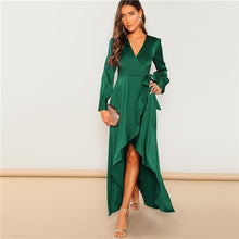 Load image into Gallery viewer, V-Neck Belted Wrap Asymmetric Maxi Dress