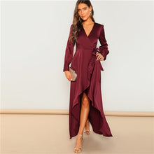 Load image into Gallery viewer, V-Neck Belted Wrap Asymmetric Maxi Dress