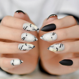 Marble STILETTO False Nails + Glue Sticker