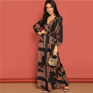 V Neck Scarf Print Belted Wrap Maxi Dress