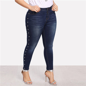 Plus Size Blue Pearls Beads Casual Denim Jeans