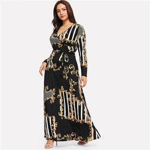 Plus Size Black Mixed Print Striped Maxi Dress