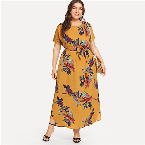 Plus Size Chiffon Floral Print Belted Dress