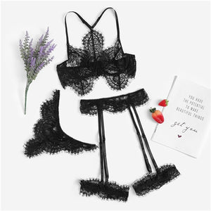 Eyelash Lace Garter Floral Lace Intimates Sexy Lingerie Set