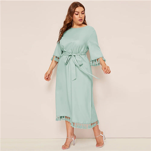 Plus Size Belted Fringe Detail Midi Dress