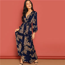 Load image into Gallery viewer, V Neck Scarf Print Belted Wrap Maxi Dress