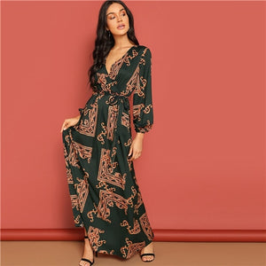 V Neck Scarf Print Belted Wrap Maxi Dress