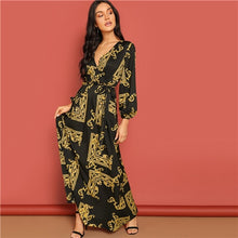 Load image into Gallery viewer, V Neck Scarf Print Belted Wrap Maxi Dress