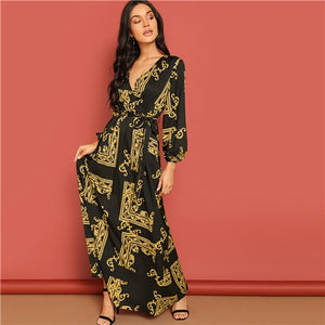 V Neck Scarf Print Belted Wrap Maxi Dress