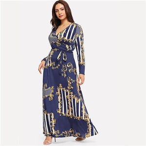 Plus Size Black Mixed Print Striped Maxi Dress