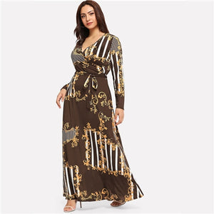 Plus Size Black Mixed Print Striped Maxi Dress