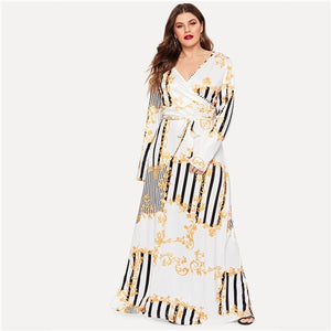 Plus Size Black Mixed Print Striped Maxi Dress